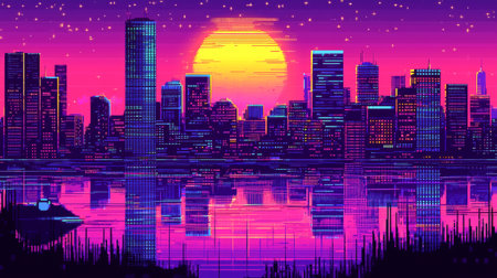 Bright retro pixel art cityscape at sunset with vibrant neon colors and reflections. concept of...