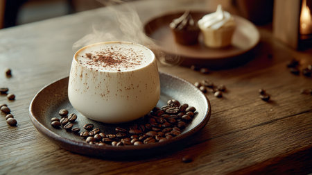 Steaming cup of coffee with coffee beans in cozy cafe setting. concept of warm beverage, relaxation,...