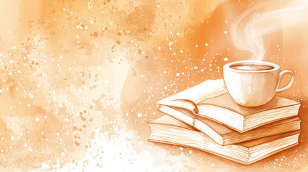 Watercolor illustration of a steaming coffee cup on stacked books with warm abstract background. Concept of cozy reading, literature, coffee break, relaxation, intellectual inspiration. copy space.の写真素材