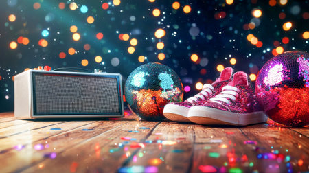 Retro party scene with glitter sneakers, disco balls, vintage speaker on wooden floor with colorful bokeh lights. Concept of nightlife, dance floor, music celebration, retro style, party culture.の写真素材
