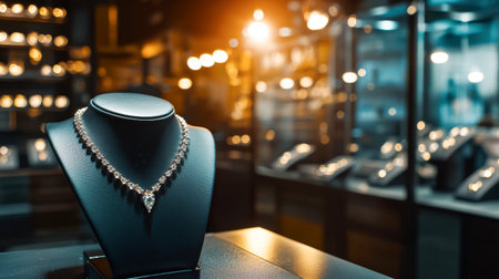 Elegant jewelry shop display with luxurious necklace. concept of high-end fashion, sophisticated style, glamorous accessories. copy space.の写真素材