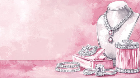 Elegant jewelry display with copy space for a shop. concept of luxury, fashion, watercolor illustration, showcase.の写真素材