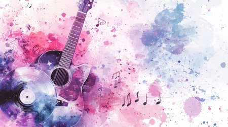 Vibrant watercolor banner for music store with guitar and vinyl record. concept of artistic...