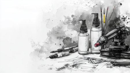 Black and white ink illustration of tattoo equipment including machines, ink bottles, and needles on a drawing table. Concept of tattoo artistry, design, and creativity. copy space.の写真素材