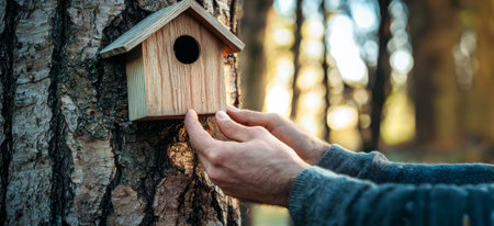 Close Up of Adult Hands Attaching Wooden Birdhouse to Tree Trunk in Sunny Forest. Concept of Nature Conservation, Outdoor Handicraft, Wildlife Habitat, Eco-Friendly Activity, Man, DIY Projects. Banner.の写真素材