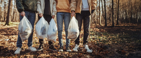Group of Young People Holding Trash Bags During Environmental Cleanup in Forest. Concept of...