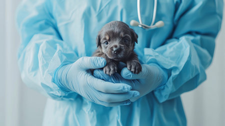 Caucasian male veterinarian in blue uniform gently holding cute puppy. concept of animal care, veterinary medicine, puppy love, compassionate service, cute dog.の写真素材