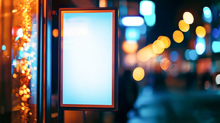 Vibrant urban night scene with empty bus stop poster and illuminated city background. concept of city life, advertisement space, nighttime atmosphere, urban design. Copy space. Mockup.の写真素材