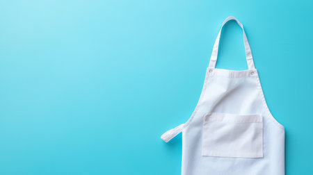 Crisp white apron on vibrant blue background. concept of culinary preparation, kitchen attire, cleanliness, professional cooking. Copy space.の写真素材