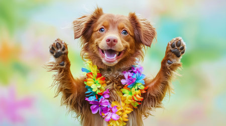 Cheerful dog dancing upright with colorful lei garland. concept of joyful pet, celebration, happy canine, festive spirit.の写真素材