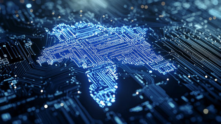 Futuristic digital map with glowing blue circuit board design. Concept of cyber technology, digital...