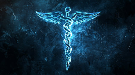Glowing blue caduceus symbol on dark background. concept of medical emblem, healthcare symbol, ancient mythology, healing art.の写真素材