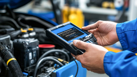 Mechanic Demonstrating Diagnostic Tool to Client in Auto Repair Shop. Concept of automotive...