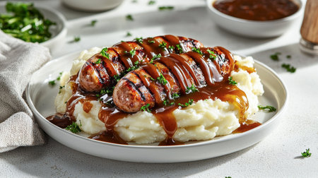 Delicious Grilled Sausages with Rich Gravy on Creamy Mashed Potatoes Garnished with Fresh Herbs. Concept of comfort food, hearty meals, culinary enjoyment, gourmet dining.の写真素材