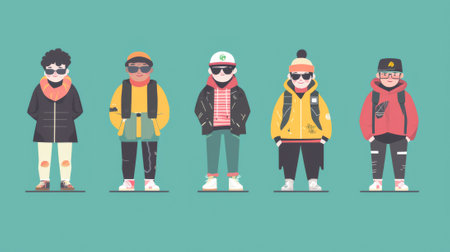 Diverse Group of People in Stylish Winter Fashion Illustration. Concept of Fashion Diversity, Trendy Outfits, Modern Apparel, Cultural Expression.の写真素材