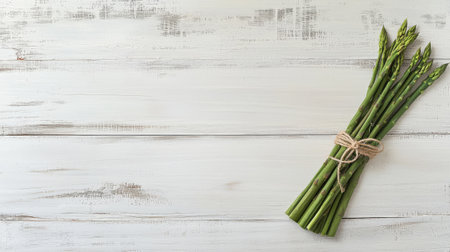 Bundle of Fresh Green Asparagus Tied with Twine on Rustic Wooden Table. Concept of Healthy Eating, Spring Vegetables, Farm-to-Table, Organic Produce, Copy space.の写真素材