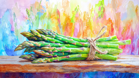 Vibrant Watercolor Illustration of Asparagus Bundle on Rustic Wooden Surface. Concept of Fresh Vegetables, Artistic Food Representation, Natural Ingredients, Organic Produce.の写真素材