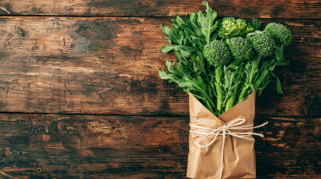 Fresh broccoli and arugula wrapped in eco-friendly paper on rustic surface. concept of organic produce, sustainable packaging, healthy eating, Copy space.の写真素材