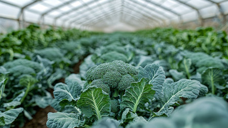 Growing broccoli in greenhouse for sustainable farming and organic vegetable production. concept of organic farming, agriculture, healthy vegetables.の写真素材