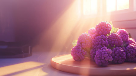 Morning sunlight illuminating fresh purple cauliflower on wooden board. concept of healthy cooking, organic produce, bright kitchen ambiance, Copy space.の写真素材