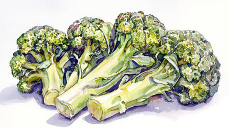 Watercolor illustration of fresh broccoli showing organic food, healthy eating, and artistic vegetable art, White background.の写真素材