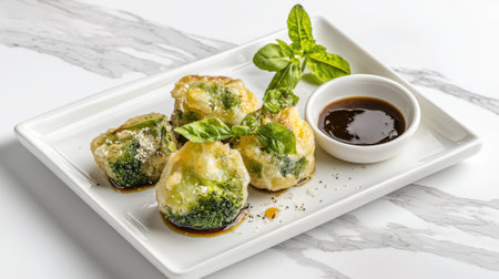 Delicious tempura broccoli served with soy sauce. concept of vegetarian cuisine, healthy eating, asian flavors, gourmet dining.の写真素材