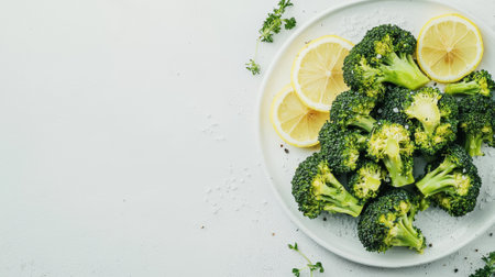 Fresh broccoli and lemon slices on a white plate. concept of healthy eating, vegetarian diet,...