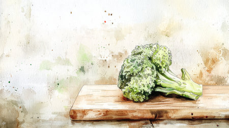 Watercolor illustration of fresh broccoli on wooden board. concept of healthy eating, organic food, vegetarian diet, Copy space.の写真素材