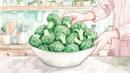 Woman arranging fresh broccoli in kitchen bowl. concept of healthy eating, home cooking, vegetable preparation.のeditorial素材