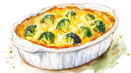 Watercolor illustration - Broccoli and cheddar cheese baked casserole dish illustrating comfort food, homemade meals, vegetarian cuisine, White background.の写真素材
