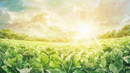 Scenic landscape with lush green broccoli field at sunrise. concept of organic farming, fresh produce, morning tranquility.の写真素材