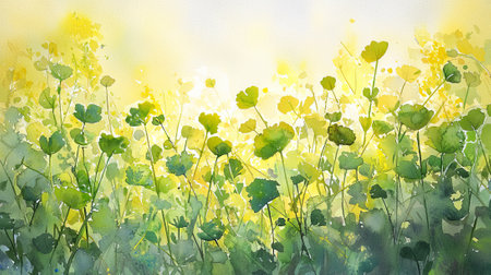 Watercolor illustration - Lush plants growing in a sunlit field. concept of tranquility, nature's beauty, peaceful moments, background.の写真素材