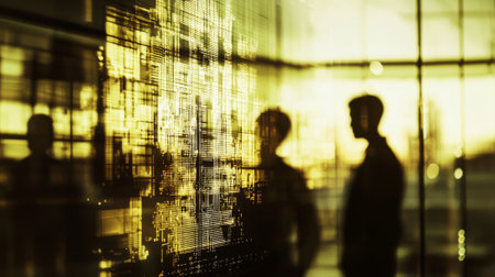 Engineering innovation with focused figures and digital glass panel reflection. concept of technology, futuristic design, digital architecture, innovation.の写真素材