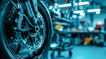 Close-up of motorcycle wheel in engineering workshop. mechanical design, motorcycle maintenance,...