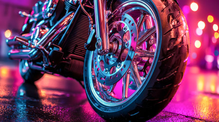 Close-up of front wheel of a motorcycle in vibrant neon lighting. concept of engineering precision,...