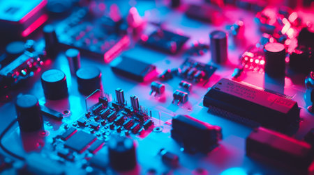 Close-up of electronic components on circuit board in vivid lighting. concept of technology, electronic engineering, hardware design, circuitry innovation.の写真素材