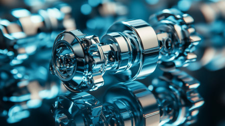 Close-up of metallic mechanical components in engineering design. concept of precision engineering,...