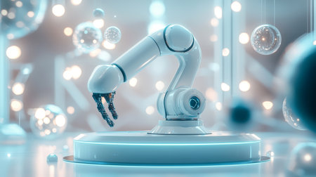 Futuristic white robotic arm in advanced technology display. concept of artificial intelligence, robotics innovation, automation engineering, modern machinery.の写真素材