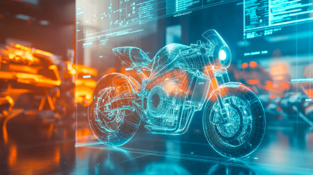 Futuristic holographic motorcycle design in high-tech engineering lab with glowing neon interface....