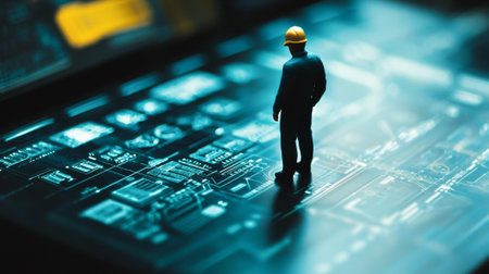 Miniature figure of engineer inspecting circuit board. concept of technology, engineering...