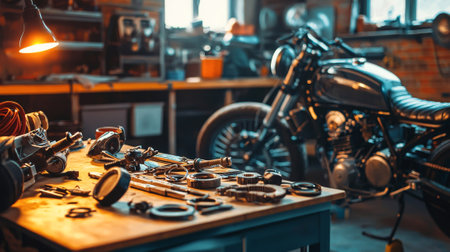 Analyzing and engineering motorcycle side view with tools in workshop. concept of mechanical design, engineering precision, vintage motorbike maintenance, workshop tools, repair shop, garage, service.の写真素材