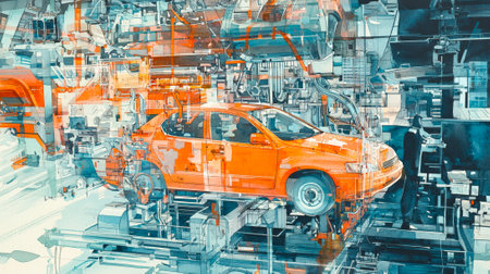 Watercolor illustration of futuristic car assembly line with robotic arms and advanced machinery in an automotive factory. Concept of industrial automation, manufacturing, engineering, innovation.の写真素材