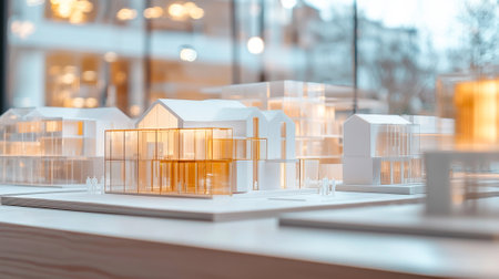 Intricate white architectural models with golden accents showcasing modern engineering design. concept of urban planning, modern architecture, engineering innovation, futuristic cities.の写真素材