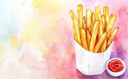 Golden crispy french fries watercolor illustration with ketchup. concept of fast food art, snack time, crispy delights, culinary illustrations, copy space.の写真素材