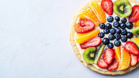 Close-up of delicious colorful fruit pizza with berries and sliced citrus. concept of healthy desserts, creative cooking, vibrant flavors, gourmet plating, copy space.の写真素材