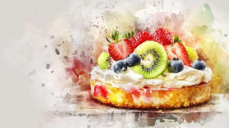 Watercolor illustration of a delicious fruit cake with strawberries, kiwi, and blueberries on creamy topping. Concept of artistic dessert, gourmet pastry, sweet bakery, and handmade food painting.の写真素材