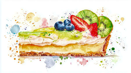 Watercolor illustration of fruit tart slice with kiwi, strawberries, blueberries, and creamy filling. Concept of gourmet dessert, artistic food painting, sweet pastry, colorful bakery.の写真素材