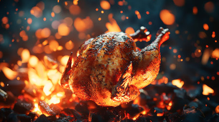 Perfectly roasted whole grilled chicken on glowing coals. concept of delicious cooking, barbecue techniques, culinary art, gourmet cuisine.の写真素材