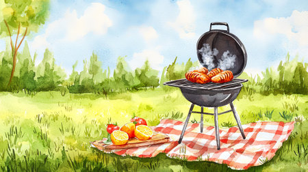 Grilled chicken on smoky barbecue at picnic in lush park watercolor illustration. concept of outdoor cooking, summertime leisure, and freshness.の写真素材