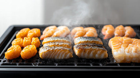 Delicious grilled fish and seafood platter with smoky shrimp and scallops. concept of culinary variety, seafood feast, grilled flavor, gourmet cooking.の写真素材